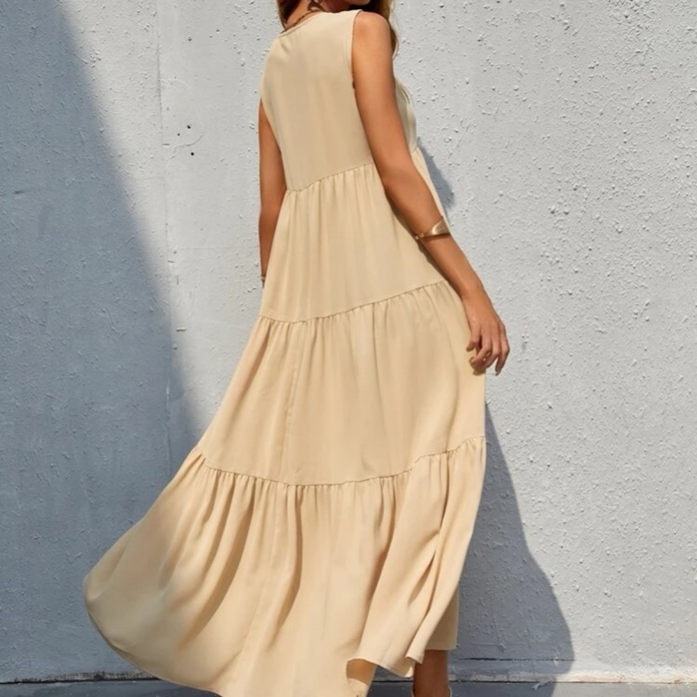 Boho V neck ruffle hem maxi dress khaki - Picture 3 of 5